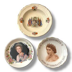 VTG Queen Elizabeth II Lot of 3 Trinket Dishes Coronation & Jubilee Bone China